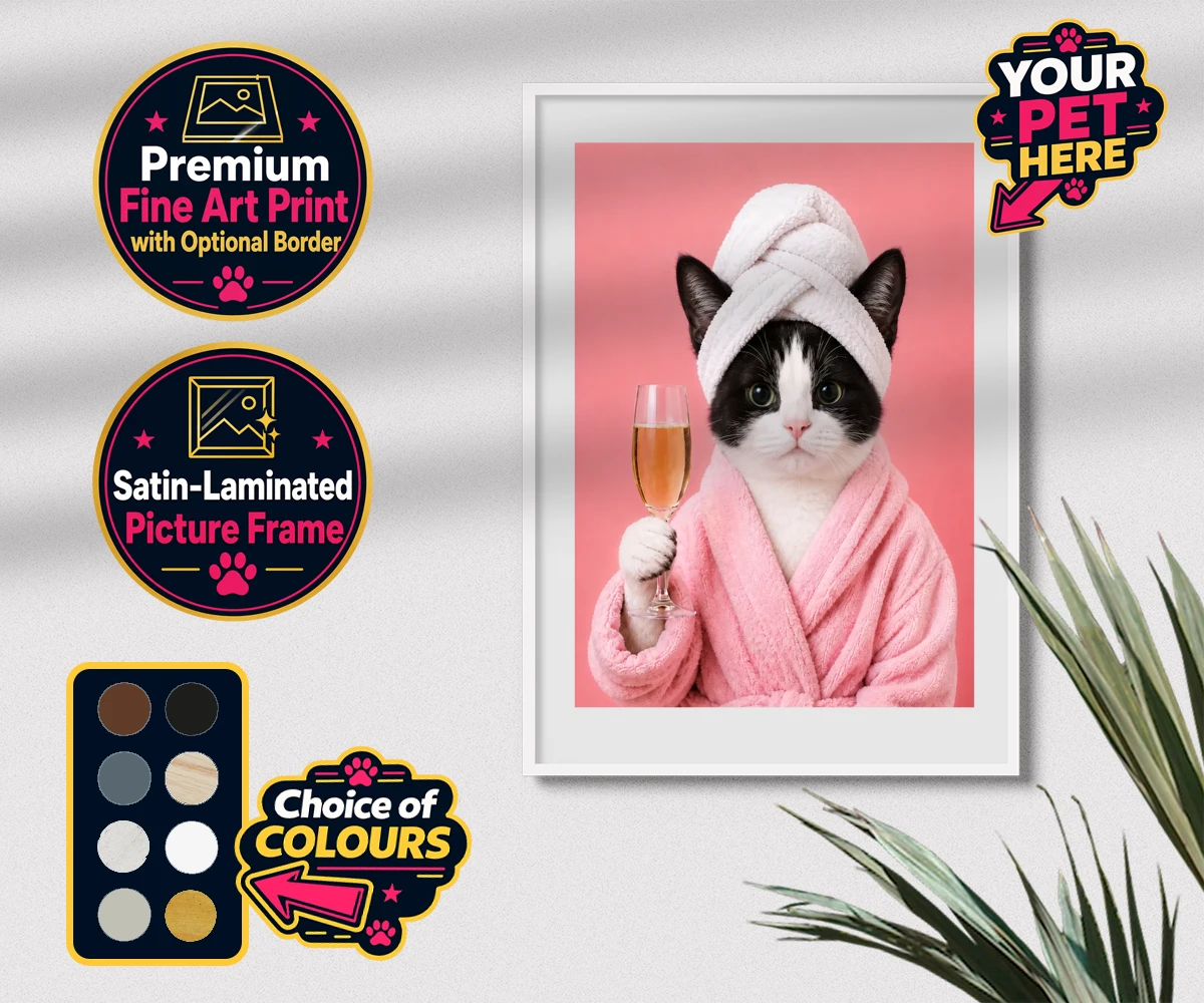 Personalised Spa Day Chic cat premium framed print featuring the purr-fect blend of luxury and humour for cat enthusiasts!