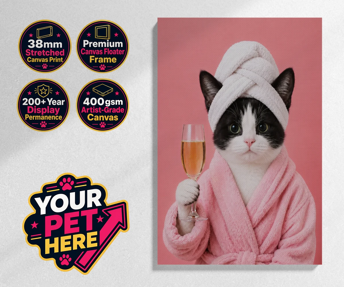 Personalised Spa Day Chic cat stretched canvas print featuring the purr-fect blend of luxury and humour for cat enthusiasts!