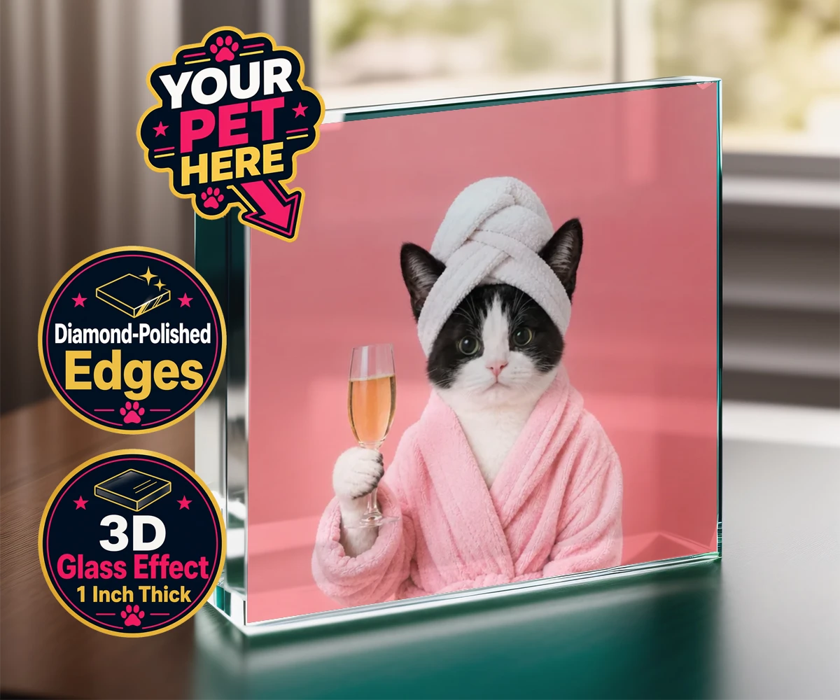 Personalised Spa Day Chic cat acrylic prisms featuring the purr-fect blend of luxury and humour for cat enthusiasts!