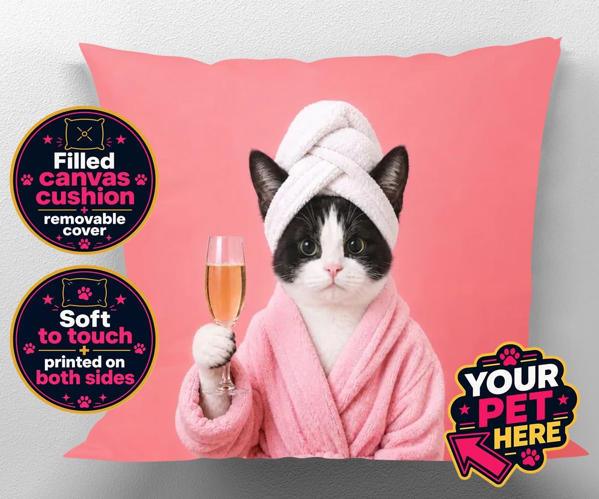 Personalised Spa Day Chic cat canvas cushions featuring the purr-fect blend of luxury and humour for cat enthusiasts!
