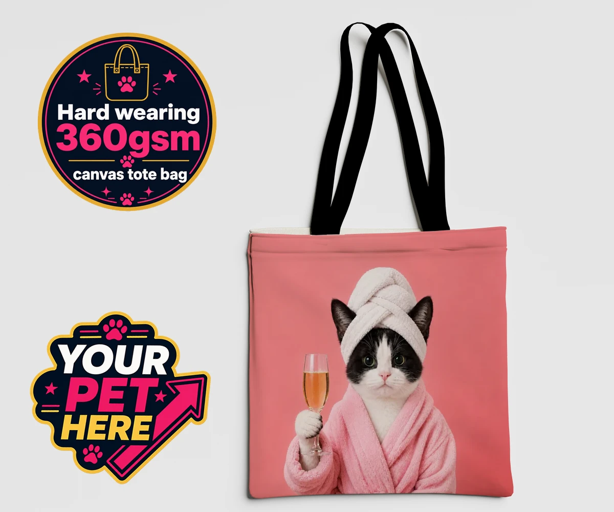 Personalised Spa Day Chic cat canvas tote bags featuring the purr-fect blend of luxury and humour for cat enthusiasts!