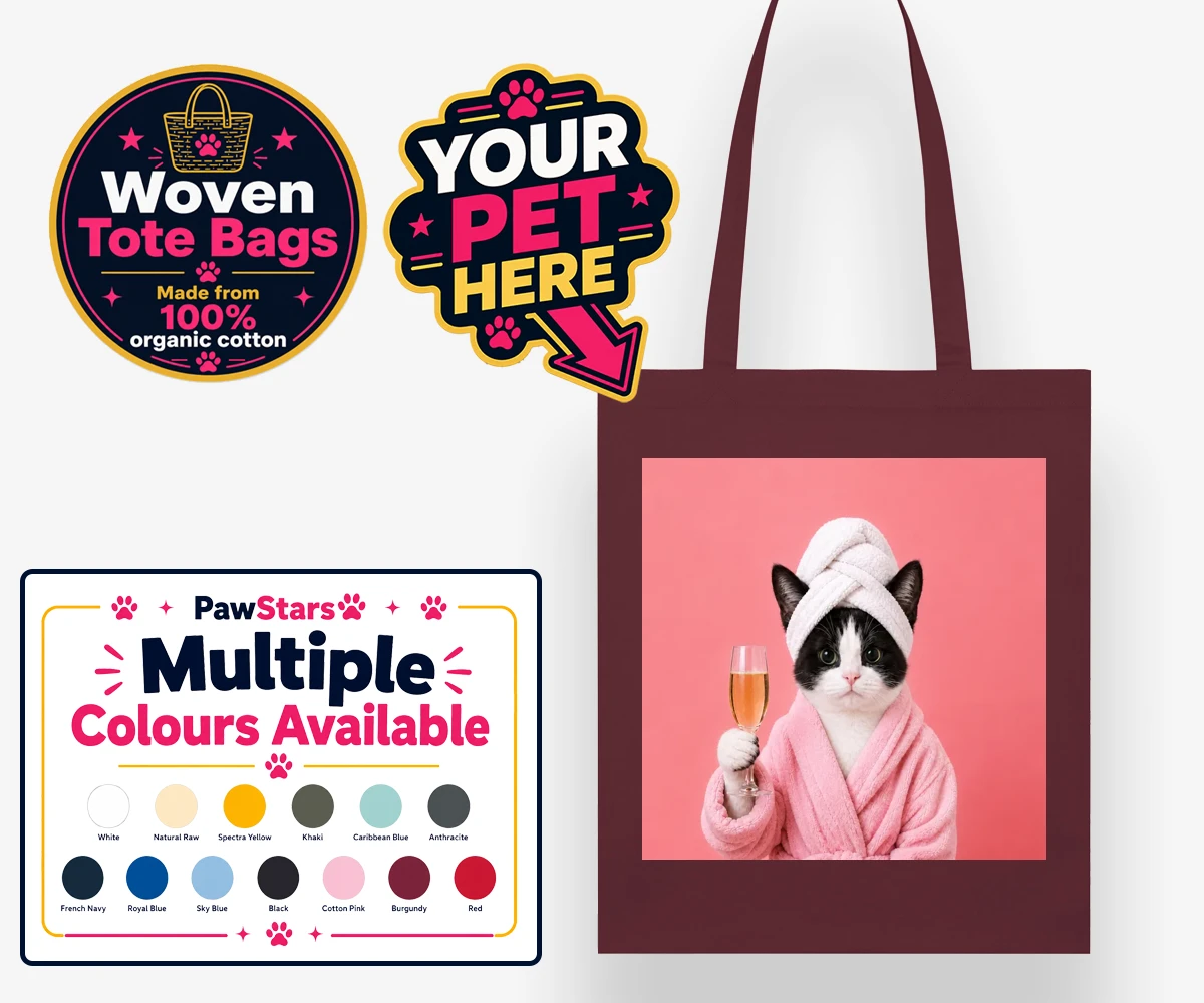 Personalised Spa Day Chic cat woven tote bags featuring the purr-fect blend of luxury and humour for cat enthusiasts!