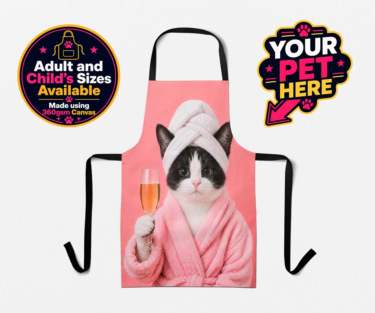 Personalised Spa Day Chic cat aprons featuring the purr-fect blend of luxury and humour for cat enthusiasts!