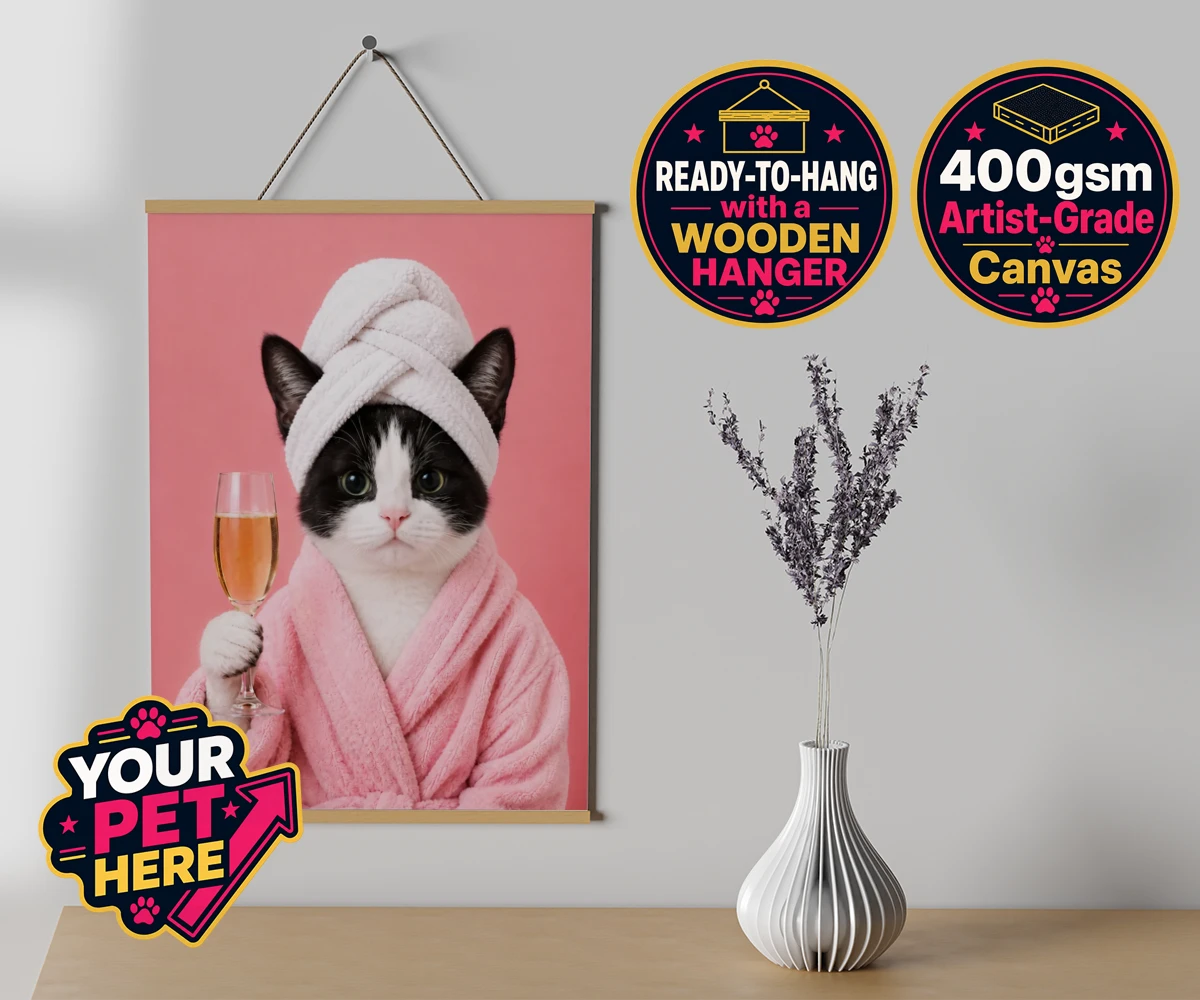Personalised Spa Day Chic cat canvas poster prints with hanger featuring the purr-fect blend of luxury and humour for cat enthusiasts!