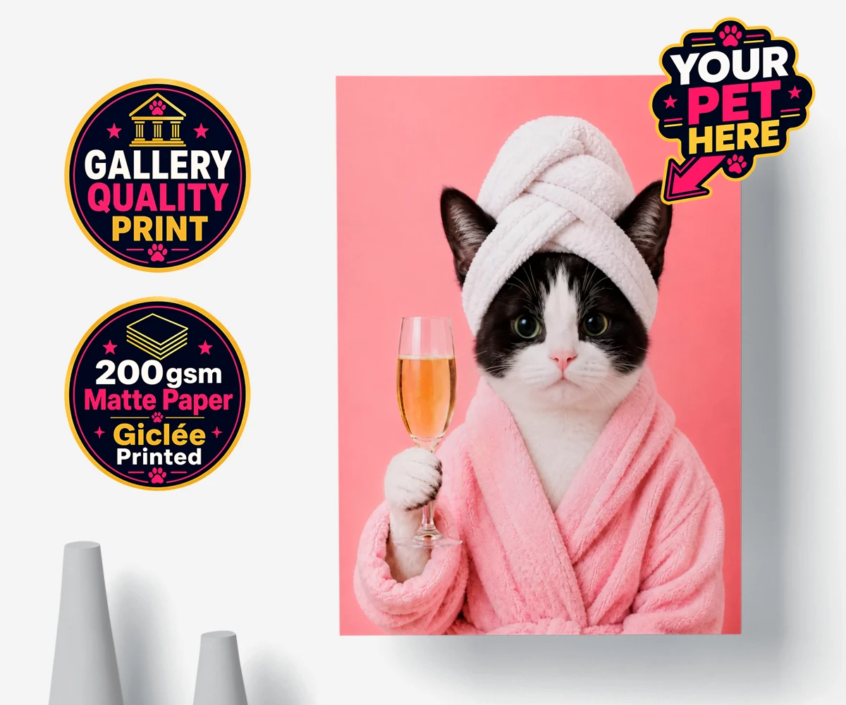 Personalised Spa Day Chic cat premium poster print featuring the purr-fect blend of luxury and humour for cat enthusiasts!