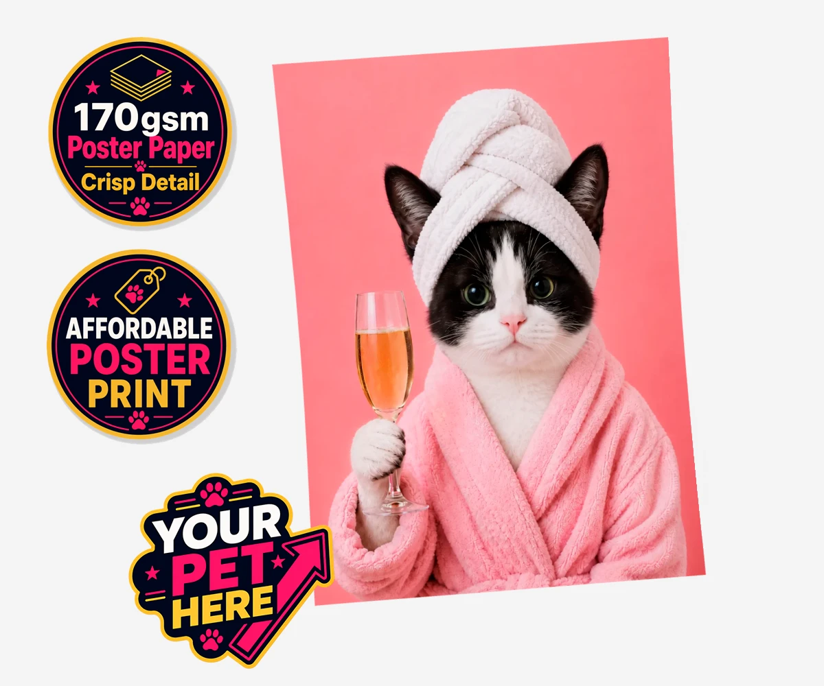 Personalised Spa Day Chic cat standard poster print featuring the purr-fect blend of luxury and humour for cat enthusiasts!