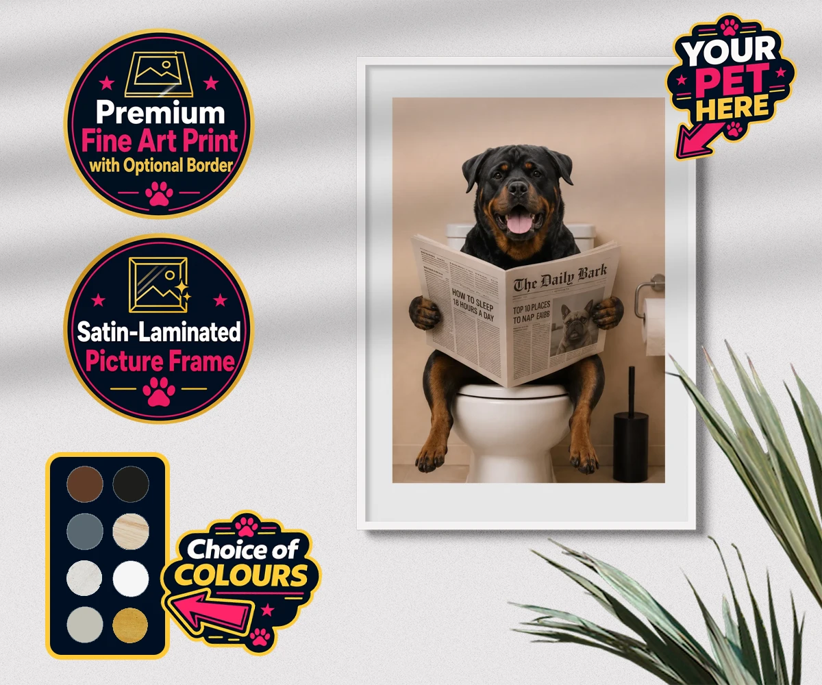 Personalised The Daily Bark dog premium framed print featuring a delightful portrait that captures the quirky charm of your furry fri