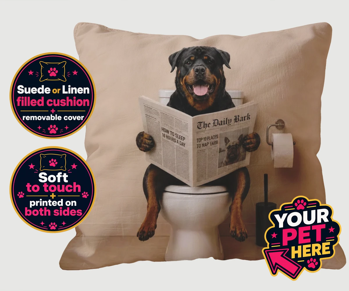 Personalised The Daily Bark dog cushions featuring a delightful portrait that captures the quirky charm of your furry fri