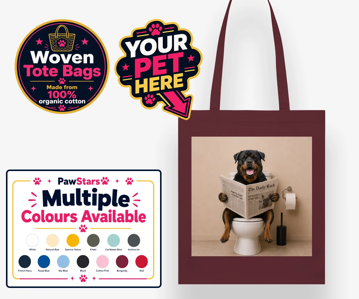 Personalised The Daily Bark dog woven tote bags featuring a delightful portrait that captures the quirky charm of your furry fri
