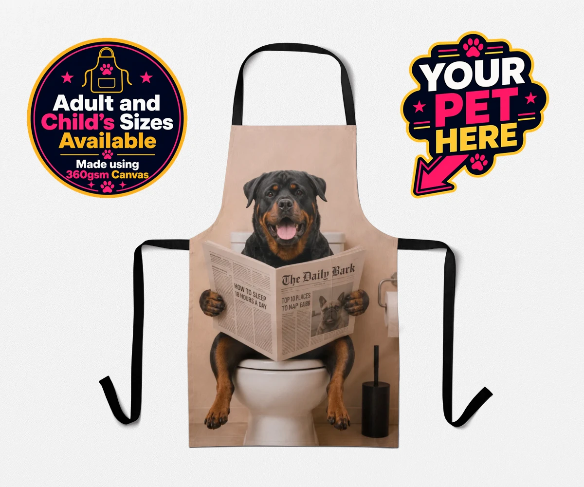 Personalised The Daily Bark dog aprons featuring a delightful portrait that captures the quirky charm of your furry fri
