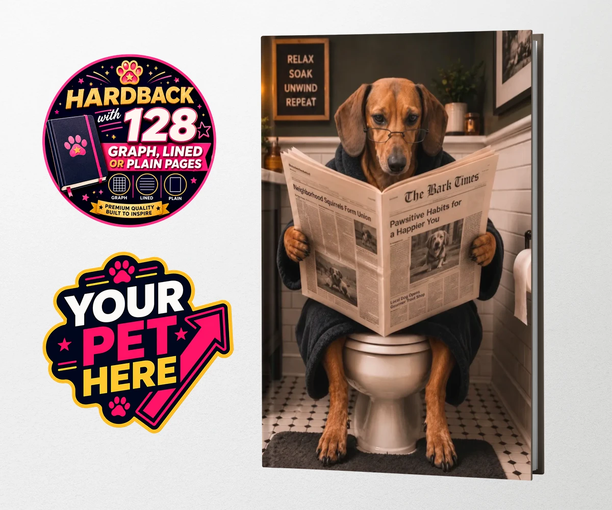 Personalised hardback notebook featuring Bathroom News, a dog in a plush bathrobe seated on a loo