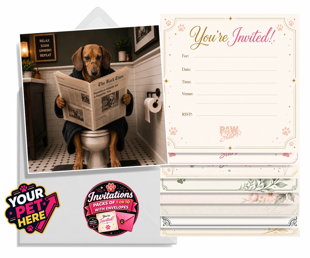 Personalised invitations featuring Bathroom News, a dog in a bathrobe, sitting on a toilet with 'The Bark Times'.