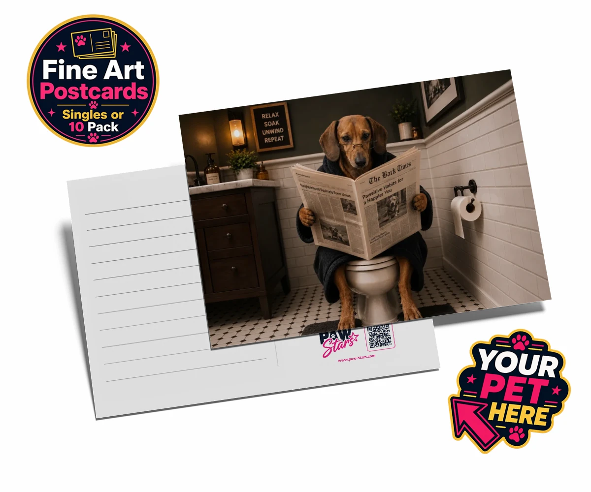 Personalised postcard featuring Bathroom News, a dog in a bathrobe and glasses sitting on a loo, reading 'The Bark Times.'