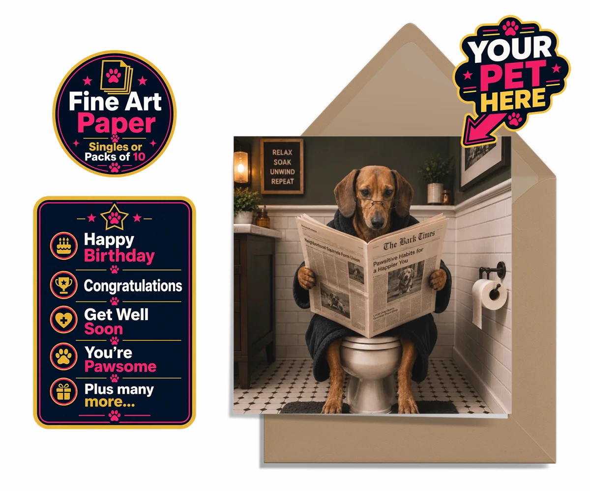 Personalised greeting card featuring Bathroom News, a dog in a plush bathrobe reading 'The Bark Times' while sitting on a loo.