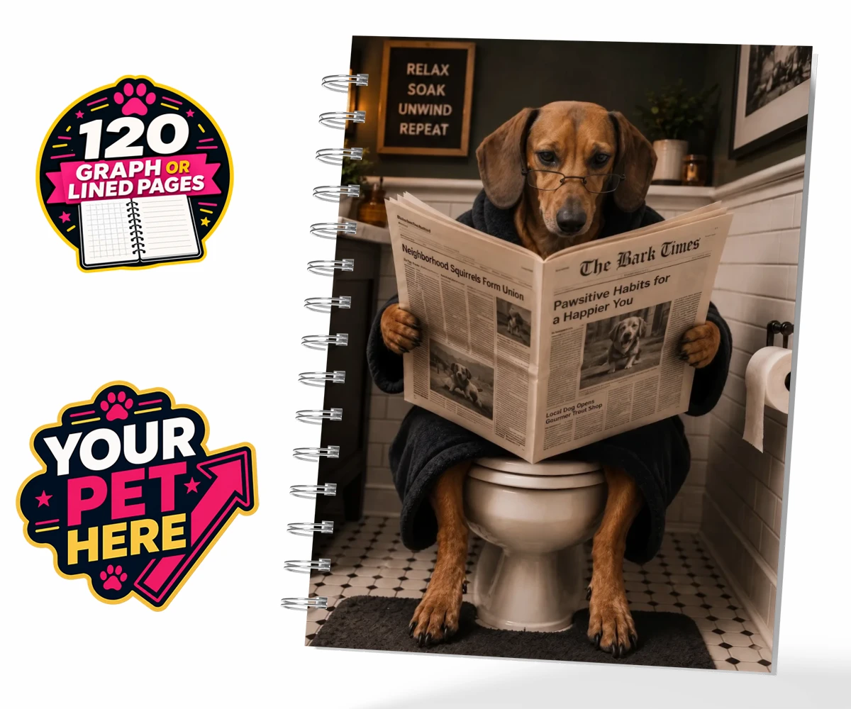 Personalised spiral notebook featuring Bathroom News, a dog in a plush bathrobe and glasses, sitting on the loo.