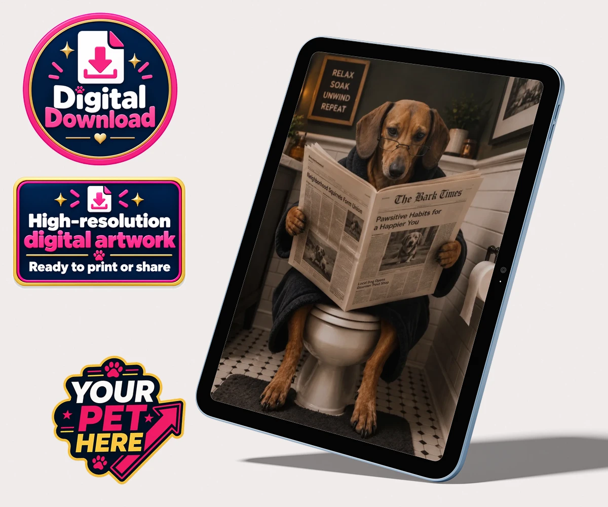 Personalised digital portrait of Bathroom News, a dog in a bathrobe, sitting on the loo with glasses and reading The Bark Times.