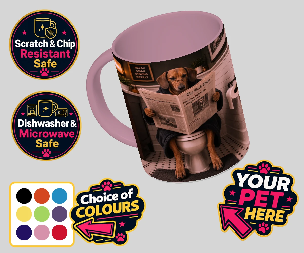 Personalised Bathroom News dog coloured photo mugs featuring meet Bathroom News, a delightful character that perfectly captures the