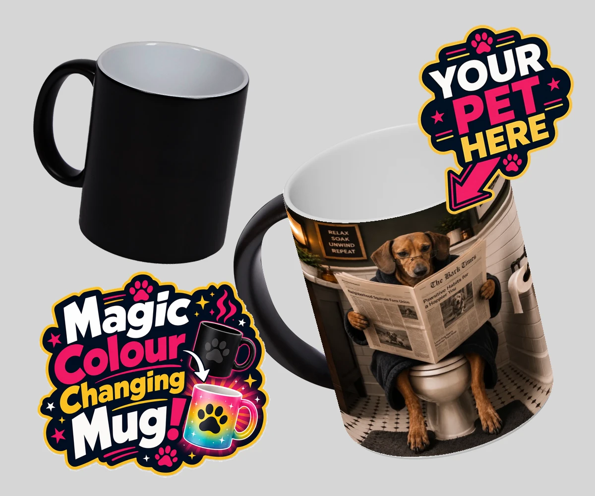 Personalised Bathroom News dog magic photo mugs featuring meet Bathroom News, a delightful character that perfectly captures the