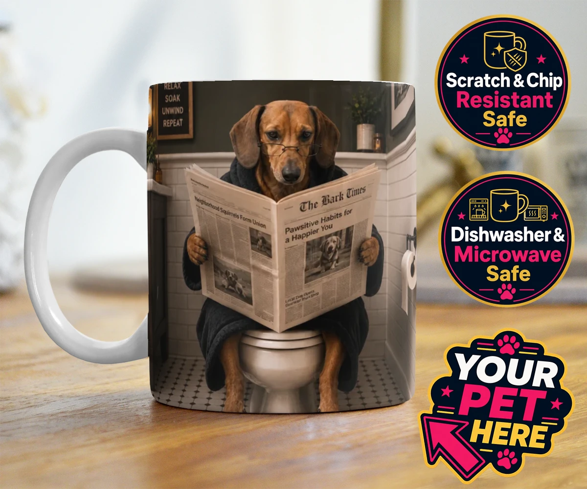 Personalised Bathroom News dog photo mugs featuring meet Bathroom News, a delightful character that perfectly captures the
