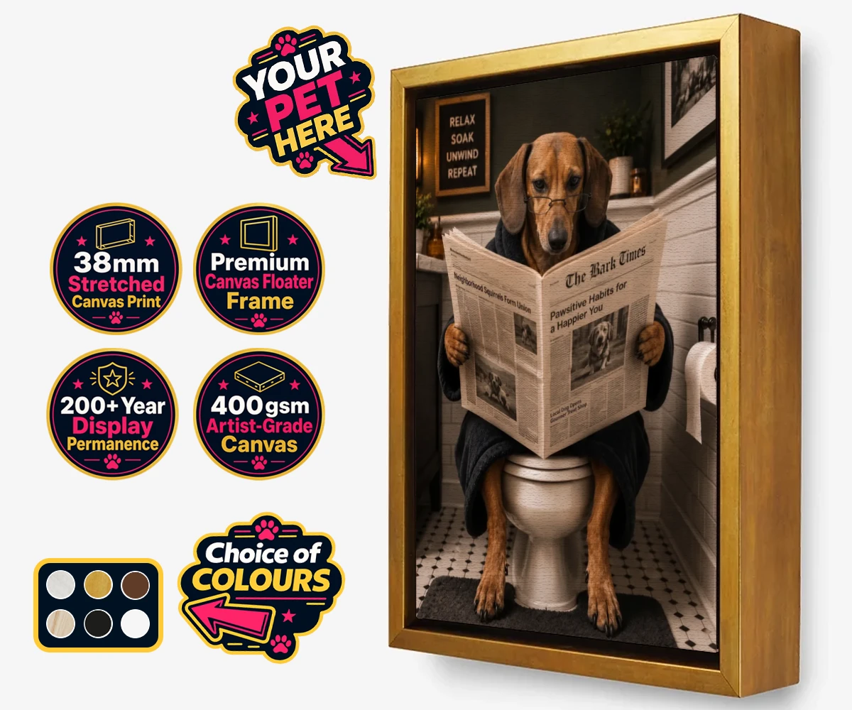 Personalised Bathroom News dog framed canvas print featuring meet Bathroom News, a delightful character that perfectly captures the