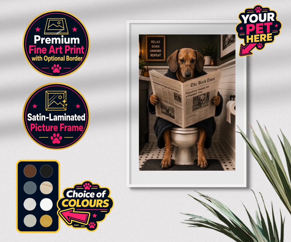 Personalised Bathroom News dog premium framed print featuring meet Bathroom News, a delightful character that perfectly captures the