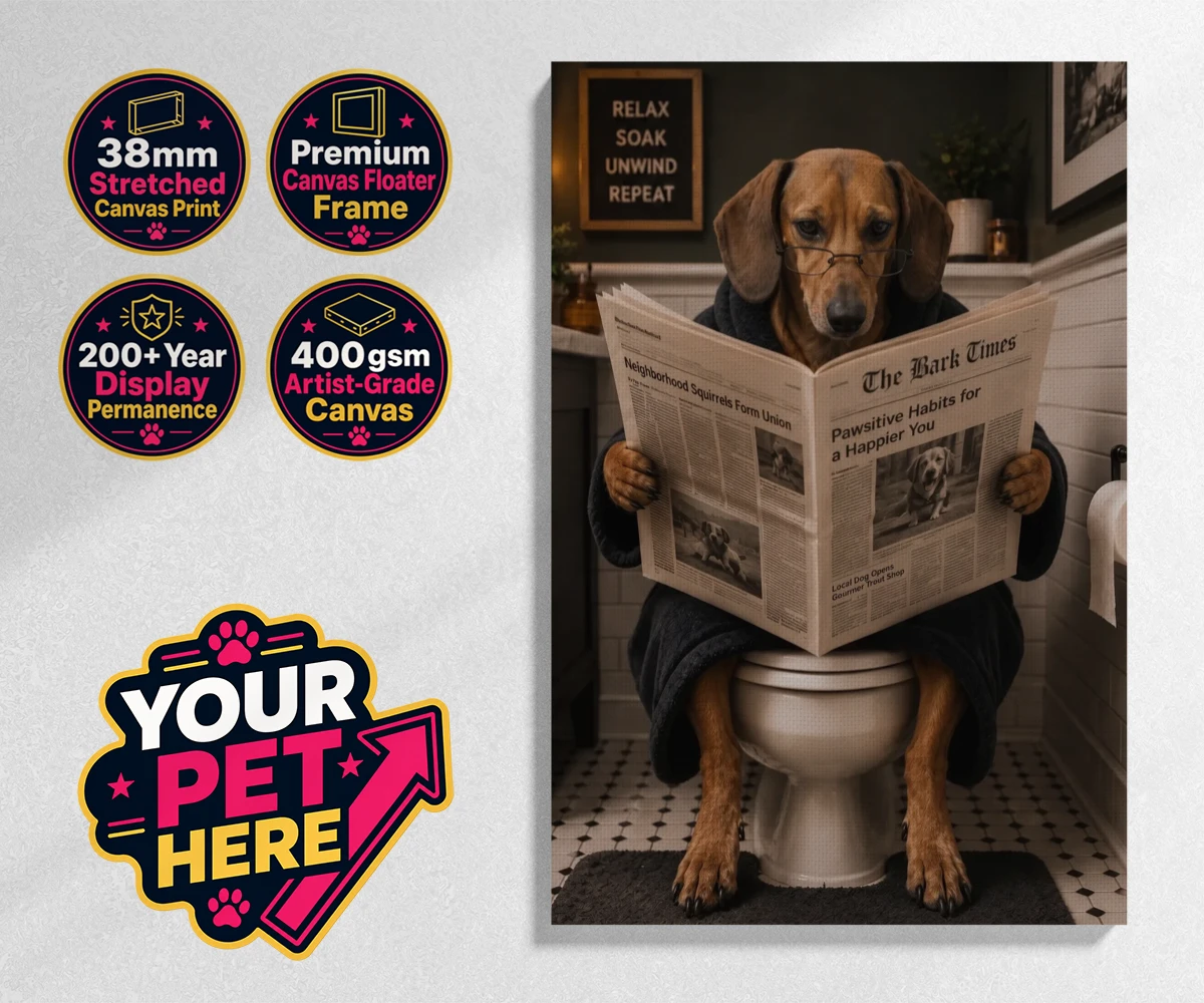 Personalised Bathroom News dog stretched canvas print featuring meet Bathroom News, a delightful character that perfectly captures the