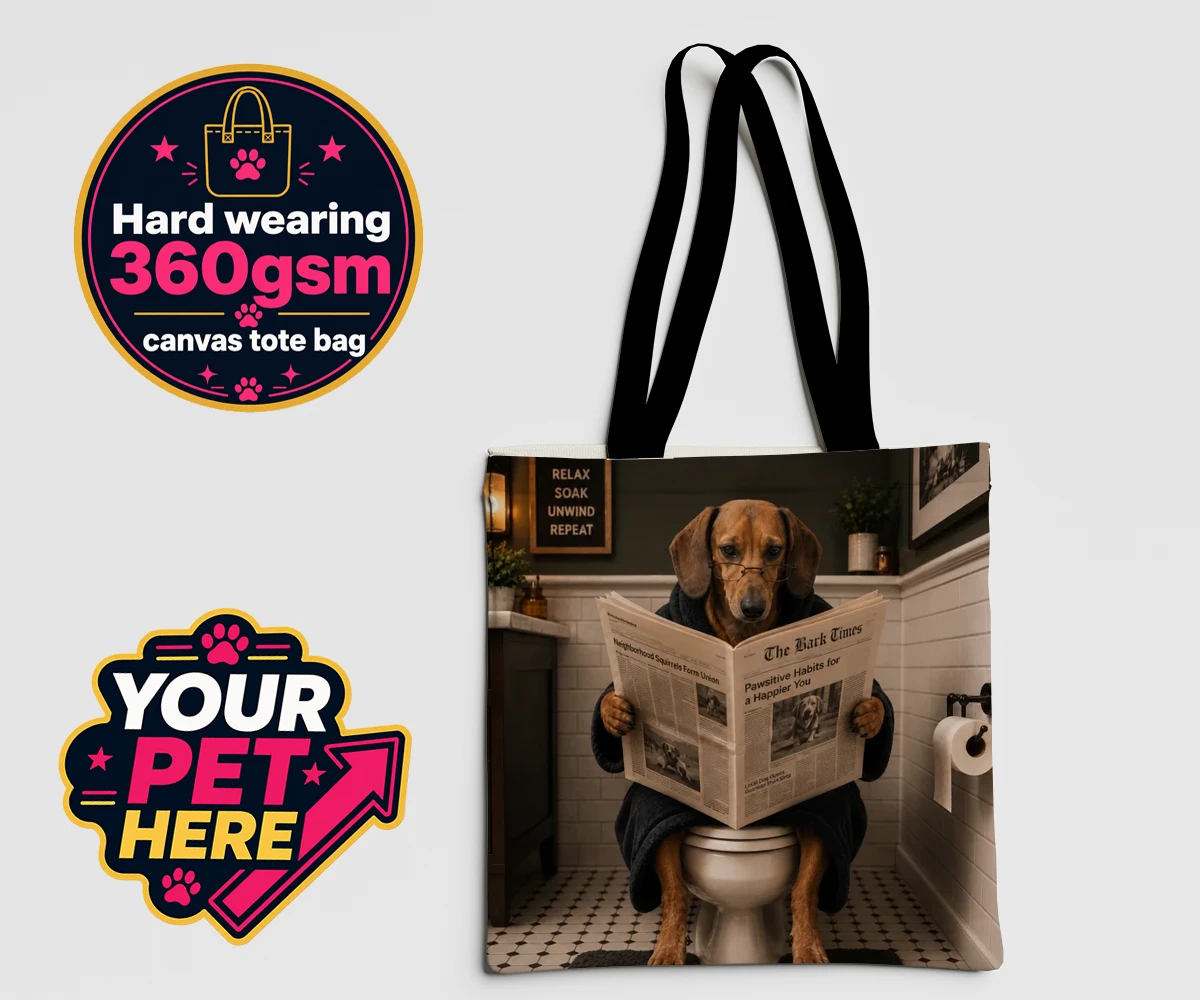 Personalised tote bag featuring Bathroom News dog character in bathrobe and glasses, sitting on the loo