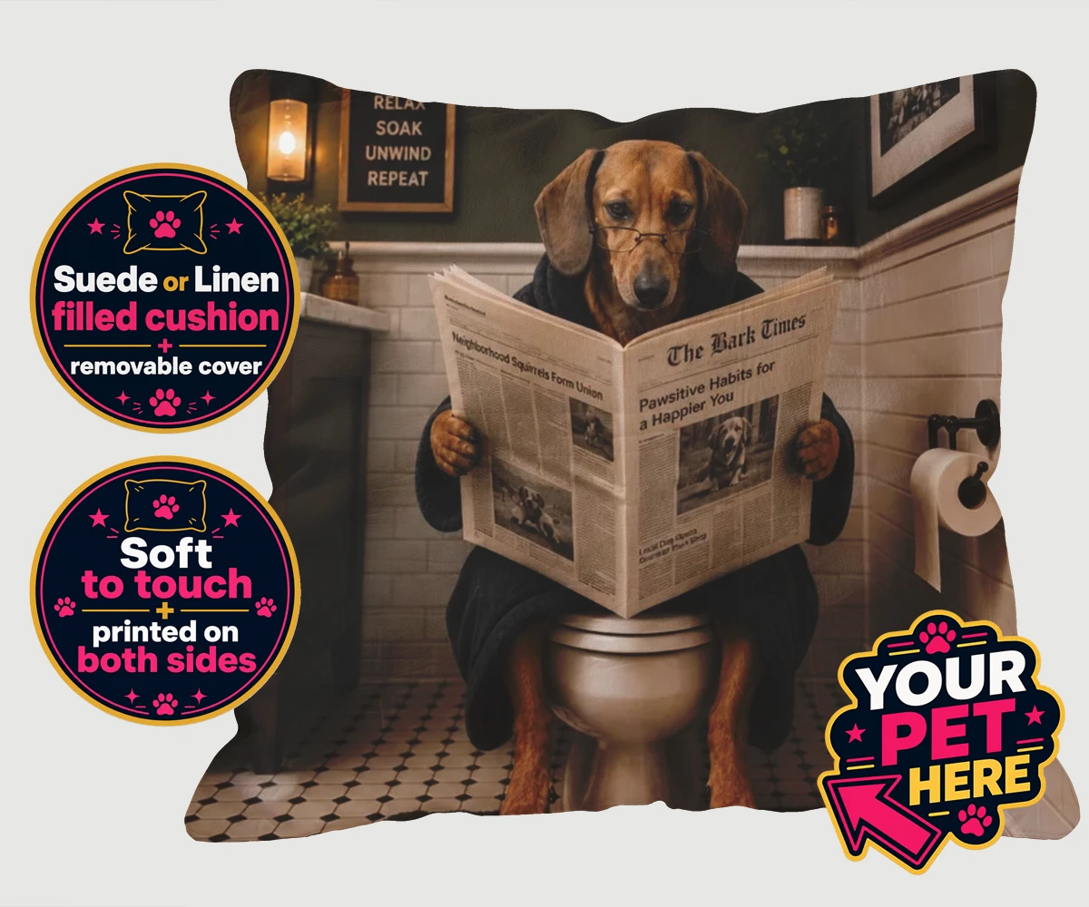 Personalised Bathroom News dog cushion featuring a dog in a bathrobe reading a newspaper