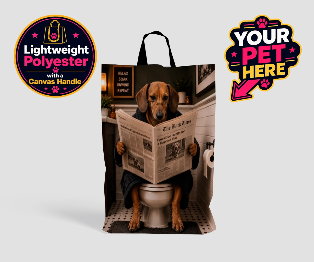 Personalised shopping bag featuring Bathroom News dog character in a bathrobe, sitting on the loo with 'The Bark Times' magazine.