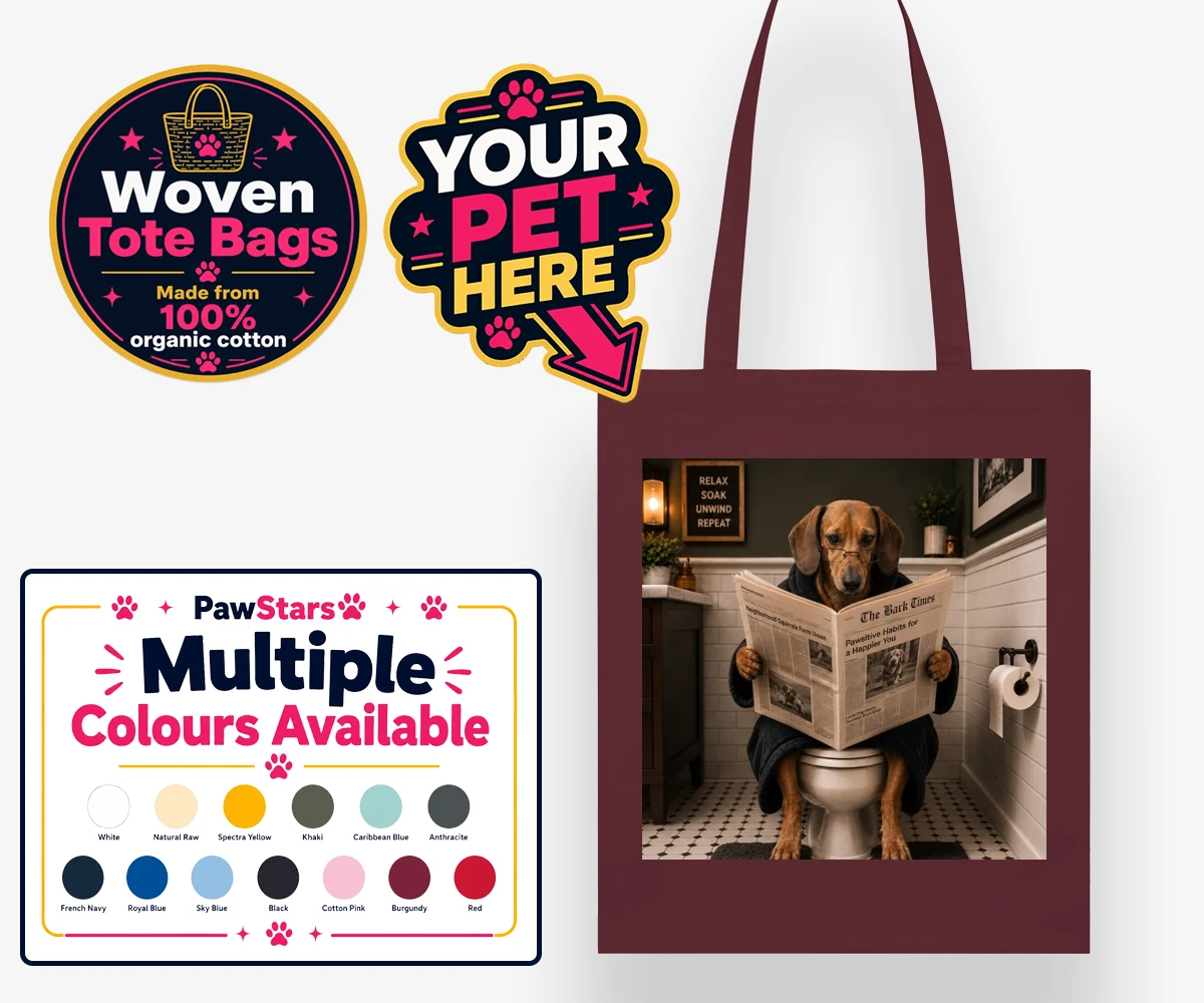 Personalised tote bag featuring Bathroom News, a dog in a bathrobe reading 'The Bark Times' in a stylish bathroom