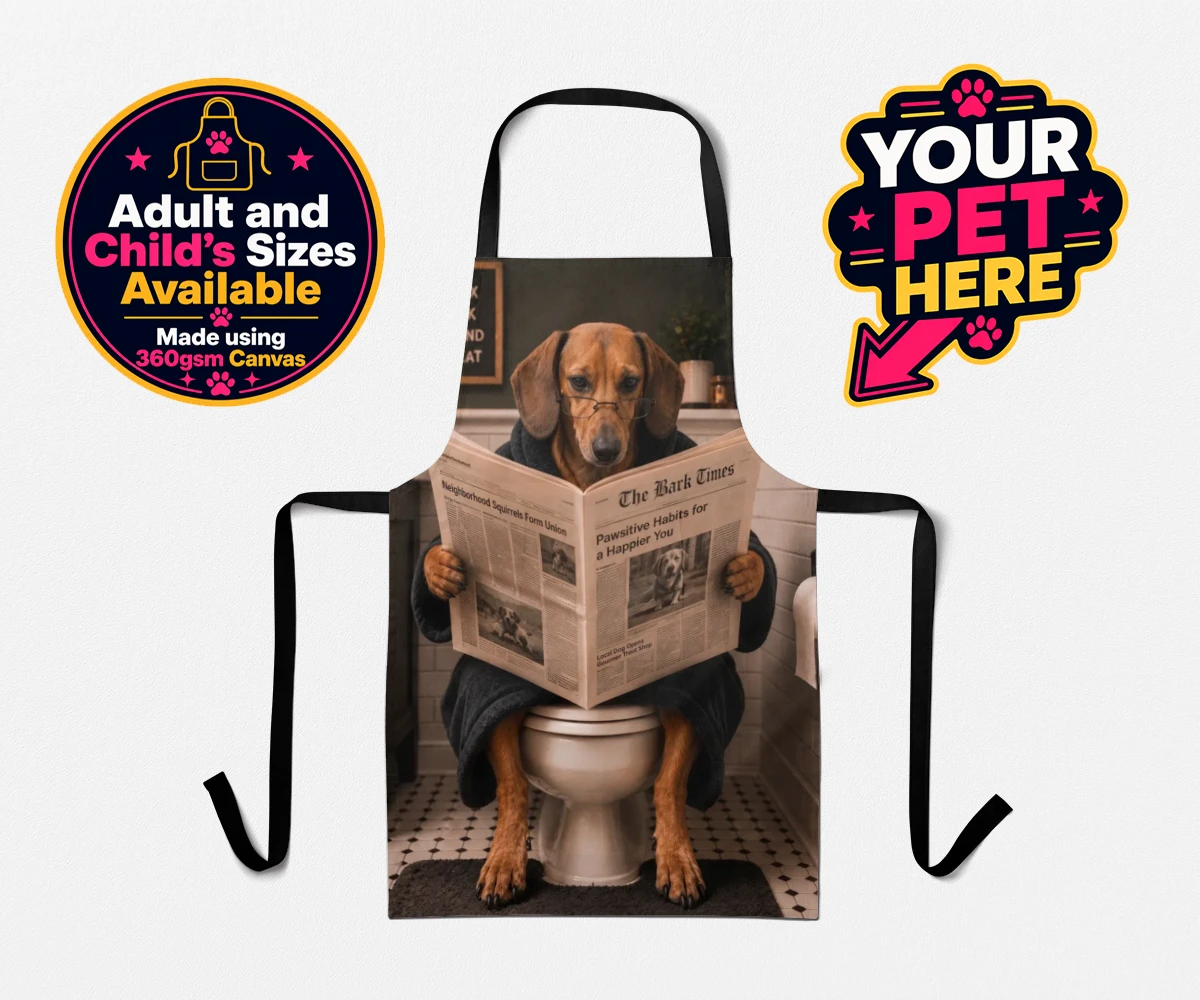 Personalised apron featuring Bathroom News, a dog in a bathrobe reading 'The Bark Times' while seated on a loo.