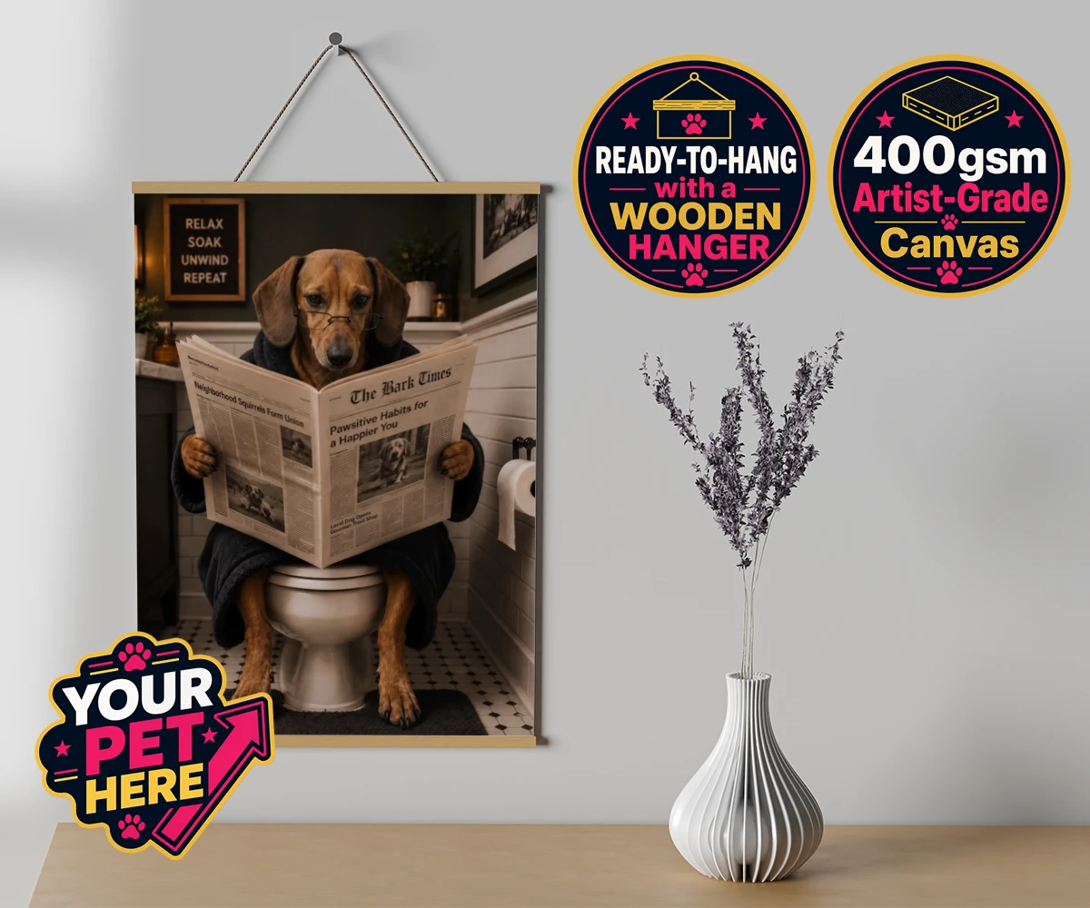 Personalised Bathroom News dog canvas poster prints with hanger featuring meet Bathroom News, a delightful character that perfectly captures the