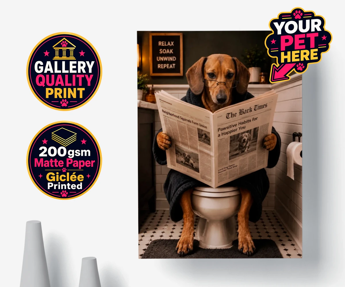 Personalised Bathroom News dog premium poster print featuring meet Bathroom News, a delightful character that perfectly captures the