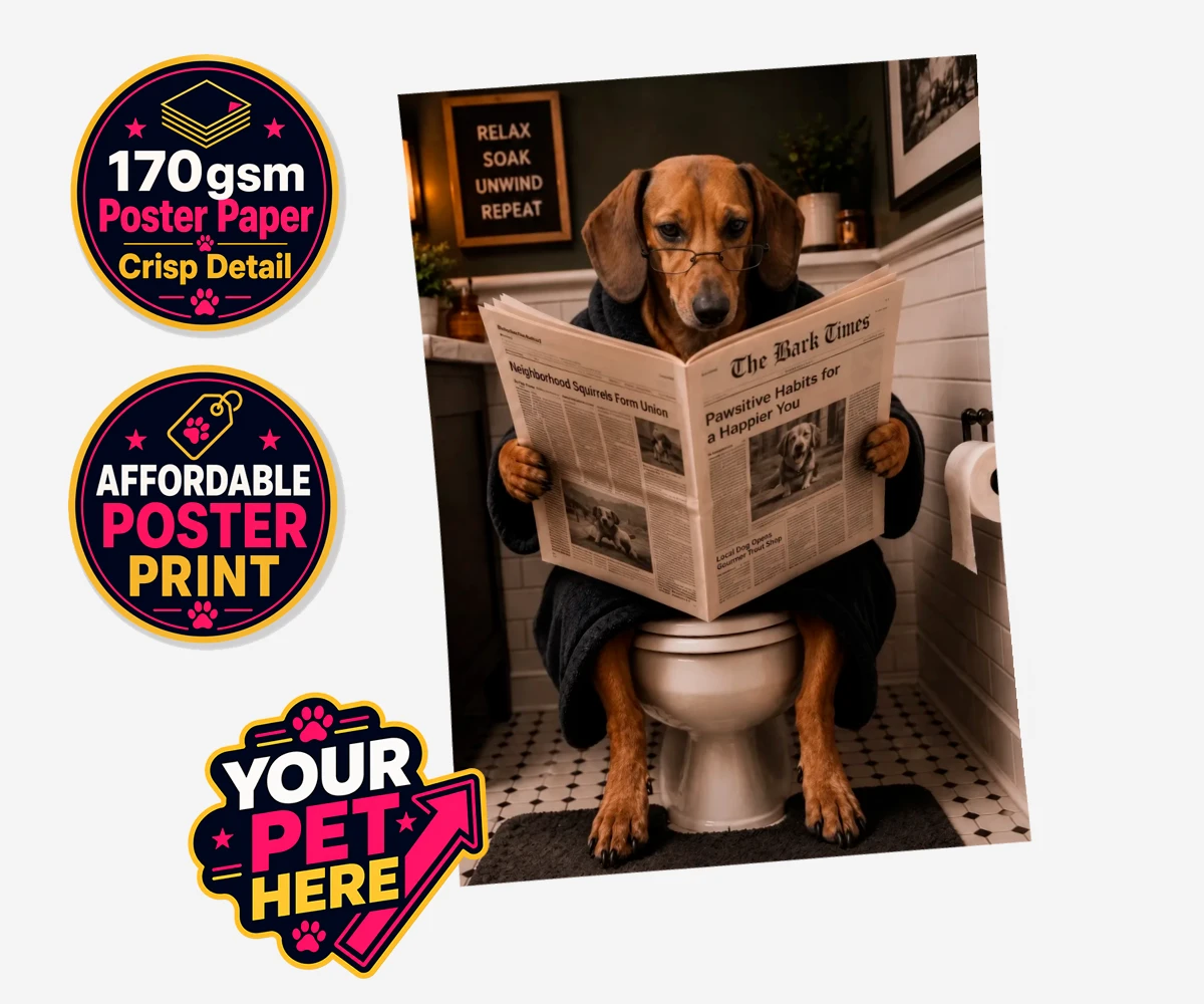 Personalised Bathroom News dog standard poster print featuring meet Bathroom News, a delightful character that perfectly captures the