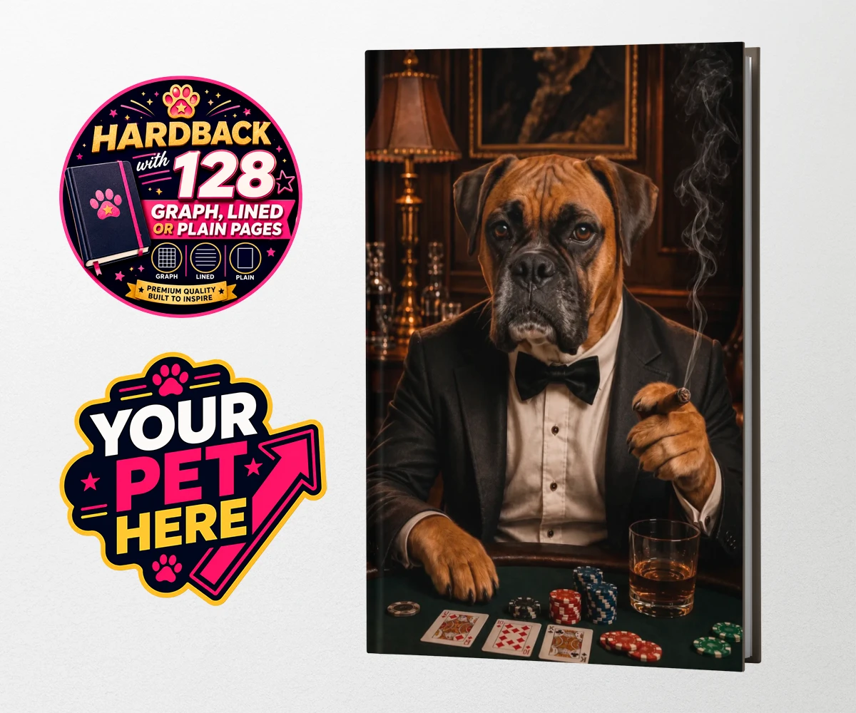 Personalised Poker Night Paw dog hardback notebooks featuring meet Poker Night Paw, the ultimate conversation starter for any dog lo