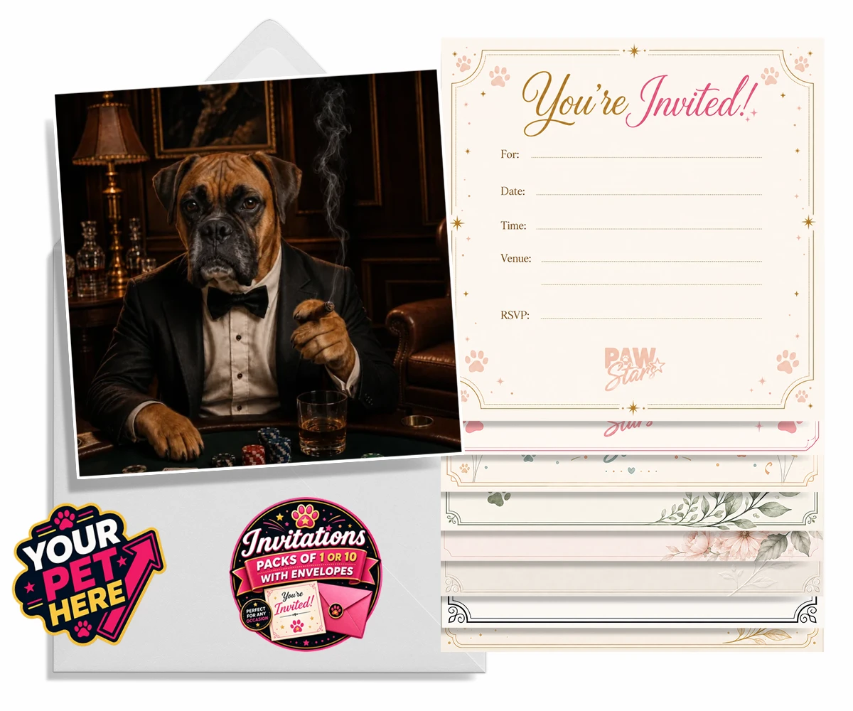 Personalised Poker Night Paw dog invitations featuring meet Poker Night Paw, the ultimate conversation starter for any dog lo