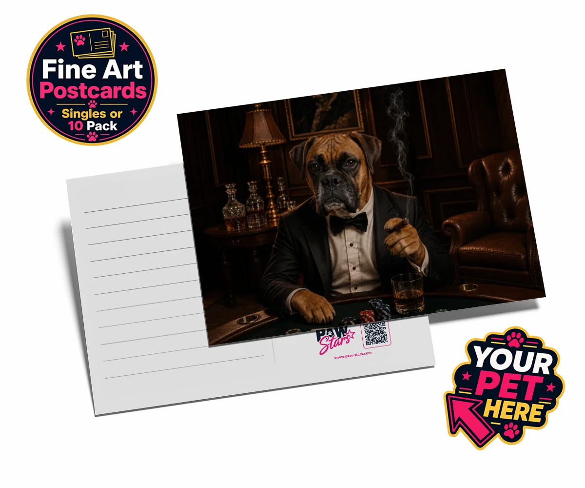 Personalised Poker Night Paw dog postcards featuring meet Poker Night Paw, the ultimate conversation starter for any dog lo