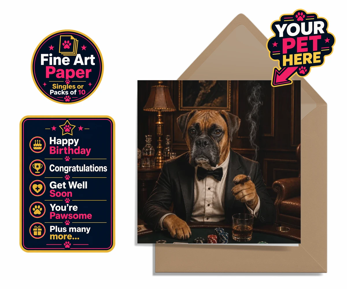Personalised Poker Night Paw dog premium greetings cards featuring meet Poker Night Paw, the ultimate conversation starter for any dog lo