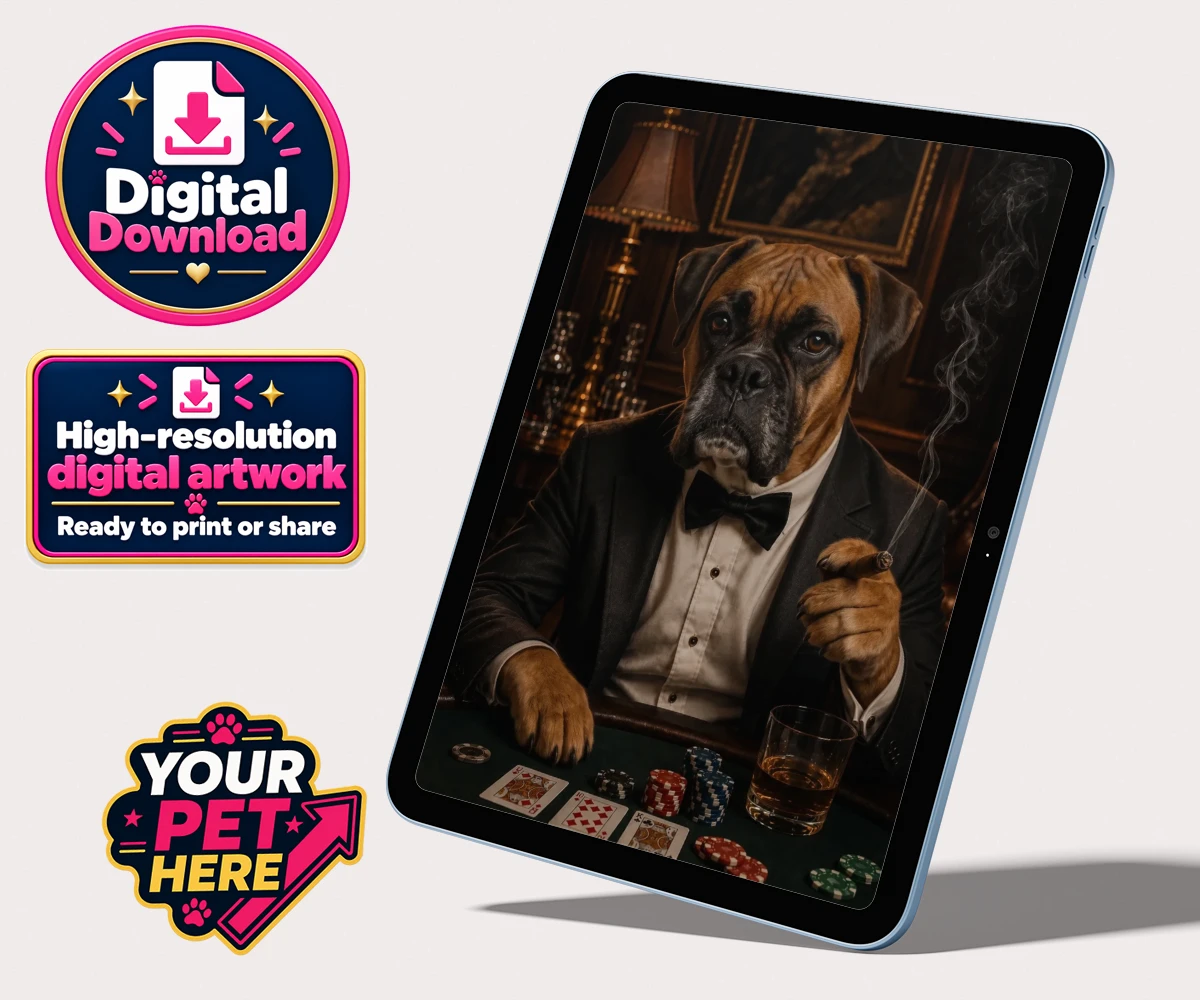Personalised digital portrait of Poker Night Paw, dog in tuxedo with poker chips and cigar