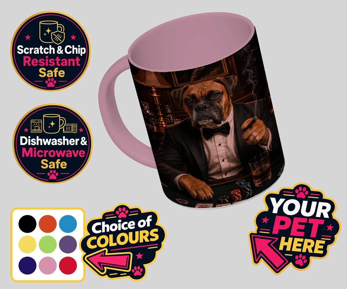 Personalised Poker Night Paw dog coloured photo mugs featuring meet Poker Night Paw, the ultimate conversation starter for any dog lo