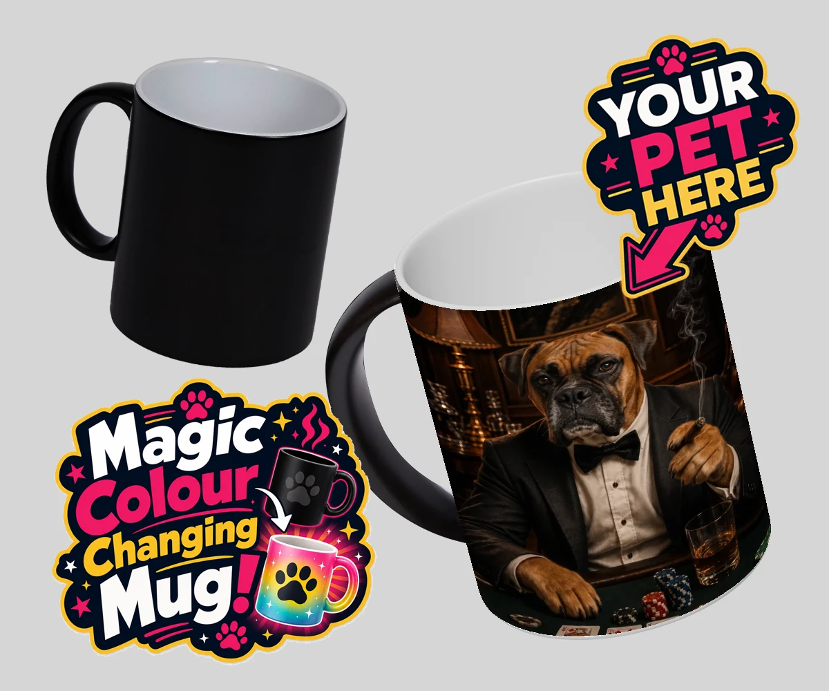 Personalised Poker Night Paw dog magic photo mugs featuring meet Poker Night Paw, the ultimate conversation starter for any dog lo