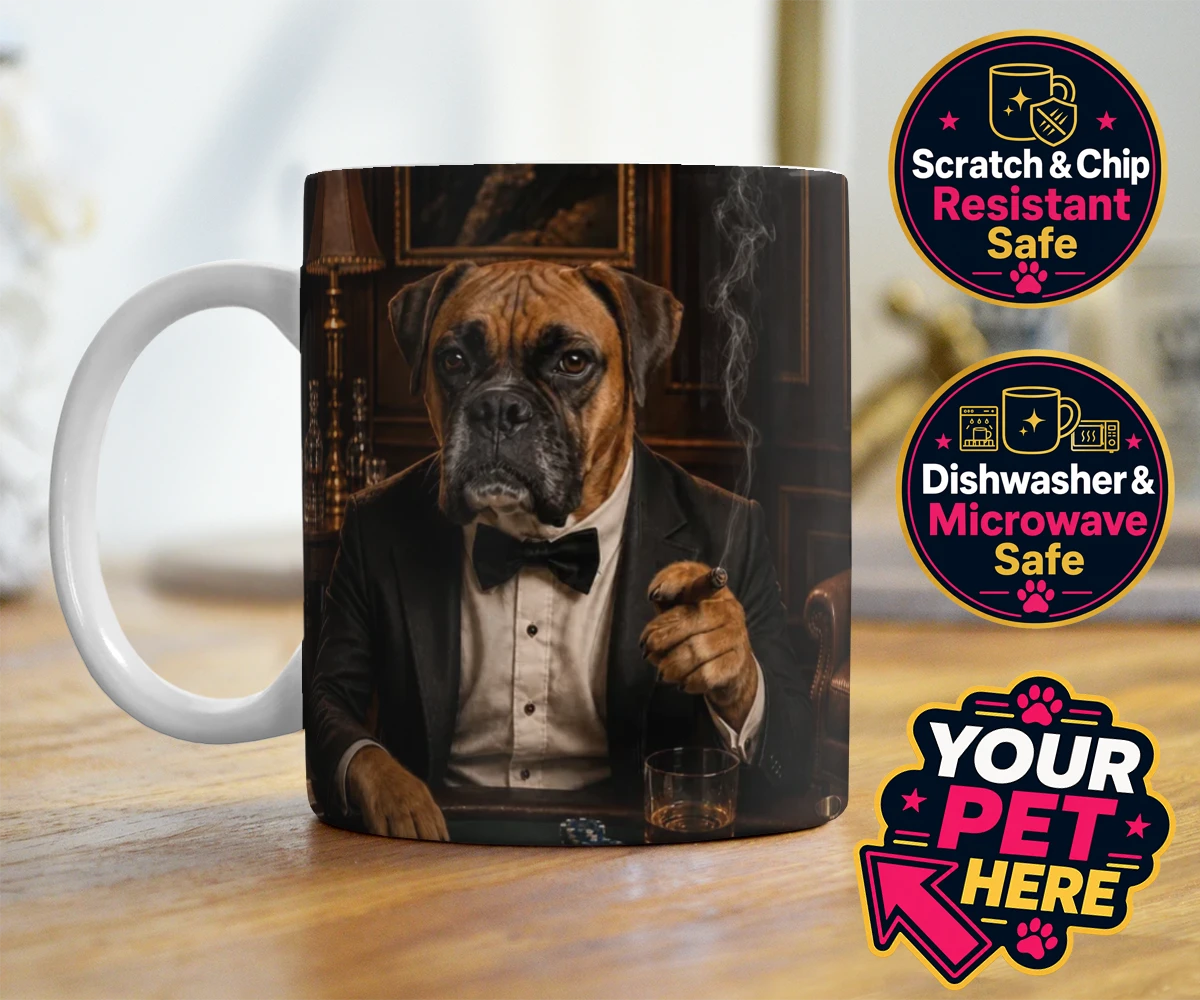 Personalised Poker Night Paw dog photo mugs featuring meet Poker Night Paw, the ultimate conversation starter for any dog lo