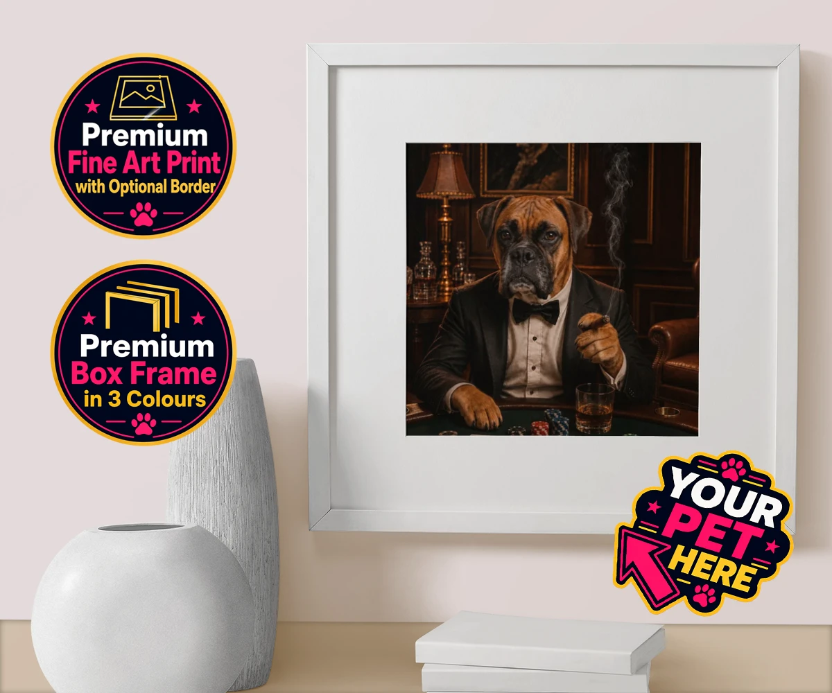 Personalised Poker Night Paw dog box framed print featuring meet Poker Night Paw, the ultimate conversation starter for any dog lo