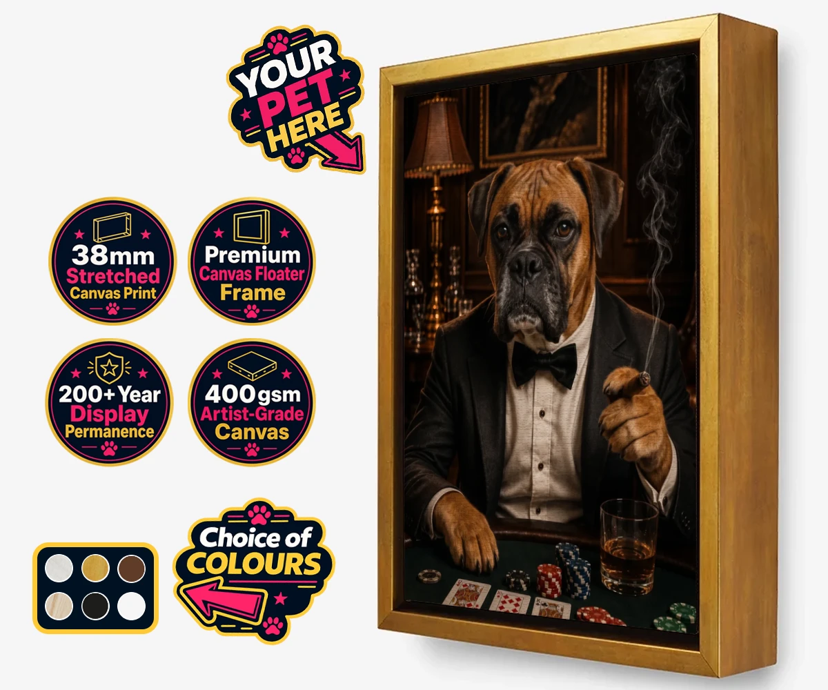 Personalised Poker Night Paw dog framed canvas print featuring meet Poker Night Paw, the ultimate conversation starter for any dog lo
