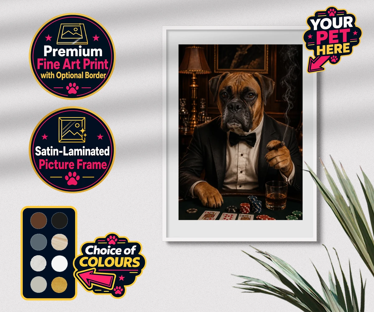 Personalised Poker Night Paw dog premium framed print featuring meet Poker Night Paw, the ultimate conversation starter for any dog lo