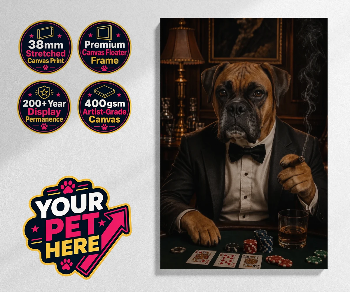 Personalised Poker Night Paw dog stretched canvas print featuring meet Poker Night Paw, the ultimate conversation starter for any dog lo