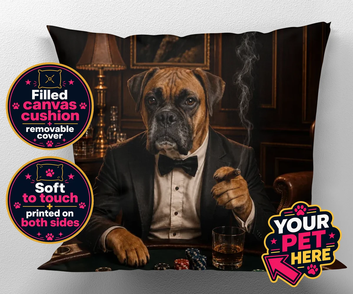 Personalised Poker Night Paw dog canvas cushions featuring meet Poker Night Paw, the ultimate conversation starter for any dog lo