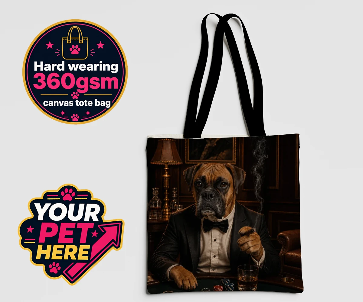 Personalised Poker Night Paw dog canvas tote bags featuring meet Poker Night Paw, the ultimate conversation starter for any dog lo