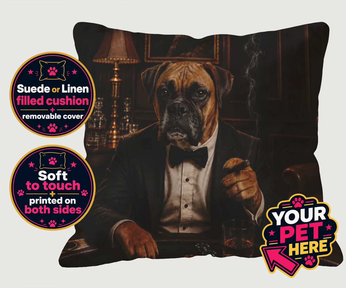 Personalised Poker Night Paw dog cushions featuring meet Poker Night Paw, the ultimate conversation starter for any dog lo
