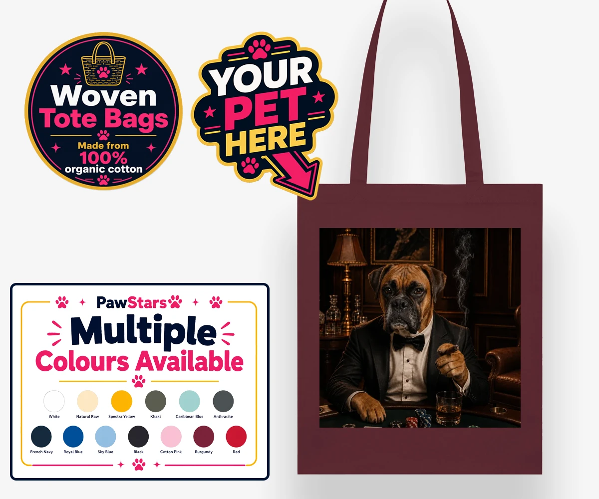 Personalised Poker Night Paw dog woven tote bags featuring meet Poker Night Paw, the ultimate conversation starter for any dog lo